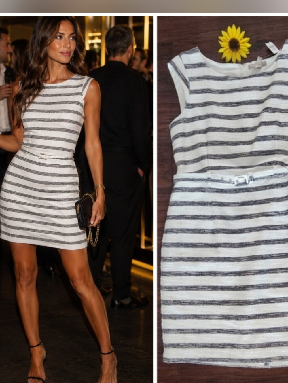 BANANA REPUBLIC GREY AND WHITE STRIPED FITTED SHORT SLEEVED DRESS WITH BELT New!